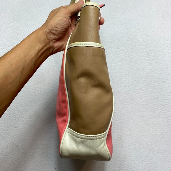 Coach Park Color Block Tote Shoulder Bag Smooth Leather Coral Tan White F23683 - Picture 6 of 13
